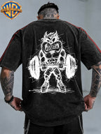 WB Warner Bros. Official License, American Hardcore Sports Hand-Drawn, Muscular Big Mouth Monster Street Fitness Style Atmospheric Outfit T-Shirt, Men'S Loose Retro Street Casual Short Sleeve Top - Black