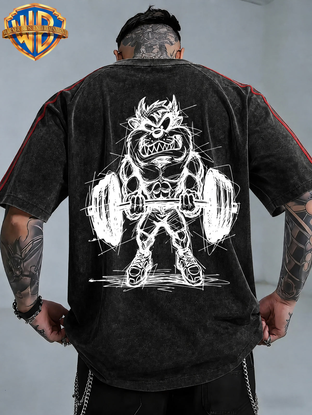 WB Warner Bros. Official License, American Hardcore Sports Hand-Drawn, Muscular Big Mouth Monster Street Fitness Style Atmospheric Outfit T-Shirt, Men'S Loose Retro Street Casual Short Sleeve Top - Black