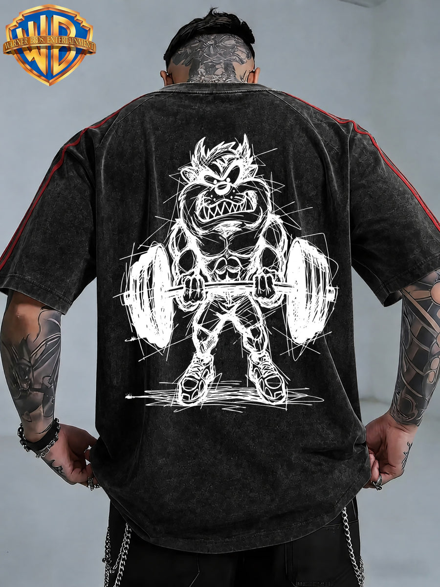 WB Warner Bros. Official License, American Hardcore Sports Hand-Drawn, Muscular Big Mouth Monster Street Fitness Style Atmospheric Outfit T-Shirt, Men'S Loose Retro Street Casual Short Sleeve Top - Black