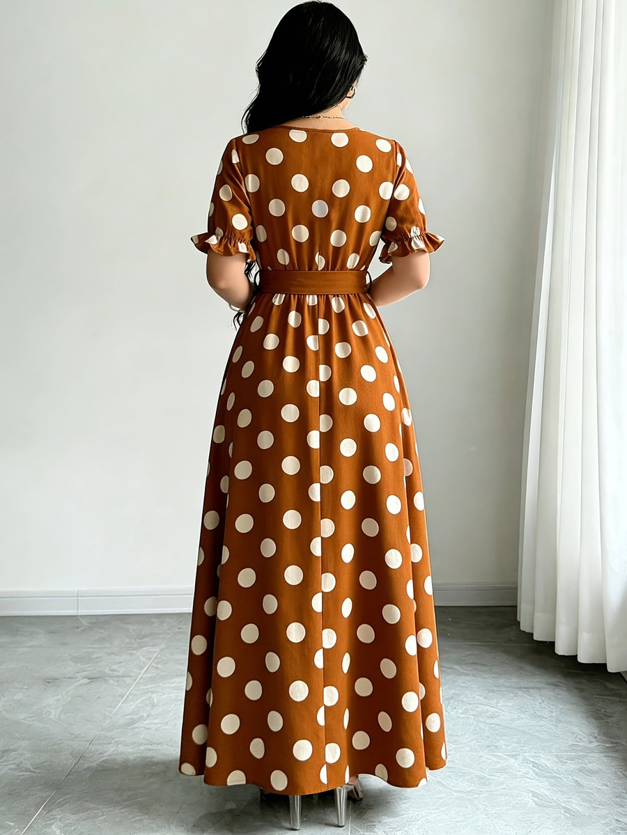 Women'S Printed Round Neck Casual Waist Dress - Yellowish-brown