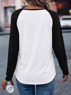 Brooklyn Vintage Pattern Design European and American Style Women's Daily Versatile Comfortable Casual Color-Blocked Crew Neck Raglan Long Sleeve T-Shirt - White against black