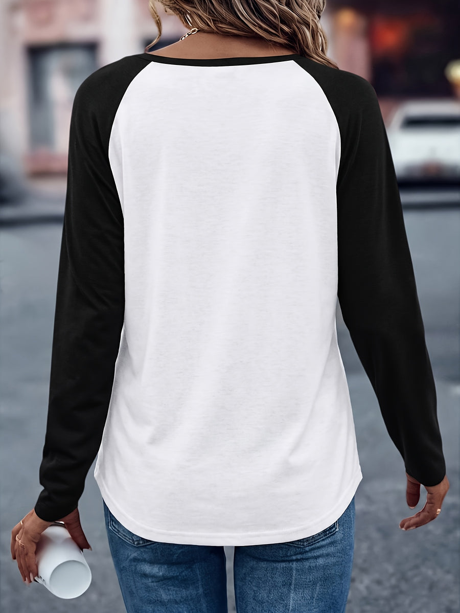 Brooklyn Vintage Pattern Design European and American Style Women's Daily Versatile Comfortable Casual Color-Blocked Crew Neck Raglan Long Sleeve T-Shirt - White against black