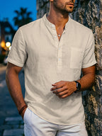 Men'S Summer Linen Short Sleeve Shirt, Stand Collar Half-Button Henley Style with Chest Pocket, Loose Breathable Linen Blend Casual Vacation Shirt - Khaki