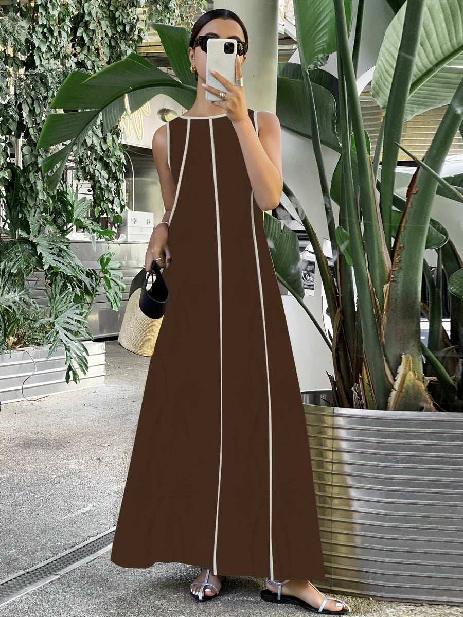 [Size for Regular Fit] Women's Simple Vacation Loose-Fit Comfortable Color-Block Contrast Trim Long Tank Dress - Coffee Brown