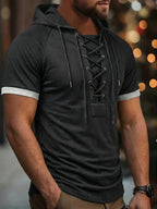 ROYALBOY Spring New Arrival Men's Short Sleeve Outdoor Sports Hoodie with Eyelet Drawstring, Designer Casual Men's Sportswear Top, Suitable for Autumn Outdoor Wear - Black