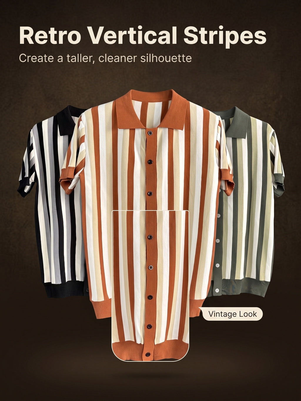 Men's 3pcs (3pcs) Knit Short Sleeve Shirts - Vertical Striped Button- Lapel Collar -Neck Button-Front Suitable for Casual Office Wear, Machine Washable Retro Button- Shirts for Year-Round Layering & Wardrobe - Black+green+orange