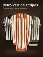 Men's 3pcs (3pcs) Knit Short Sleeve Shirts - Vertical Striped Button- Lapel Collar -Neck Button-Front Suitable for Casual Office Wear, Machine Washable Retro Button- Shirts for Year-Round Layering & Wardrobe - Black+green+orange