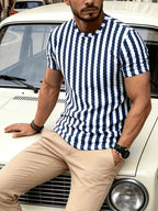 [Villa Le Water OBM] Back to School Season Men'S Wavy Striped Round Neck Short Sleeve T-Shirt Textured Fabric Summer Loose Breathable Casual Top Retro Contrast Striped Short Sleeve - Blue