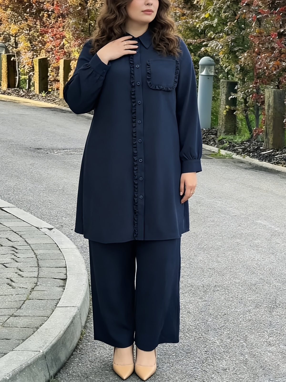 Eid | Elegant Plain Fril Muslim 2pcs Jalabiya Set | Elegant Abaya Women Modest with Pocket & Placket Ruffle Trim + Loose Wide-Leg Pants | Daily Home Leisure Commute Wear - Navy Color