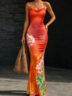 Women's Floral Print Maxi Dress, Halter Neck Sleeveless Bodycon Long Dress, Summer Beach Party Gown - Mixed colors