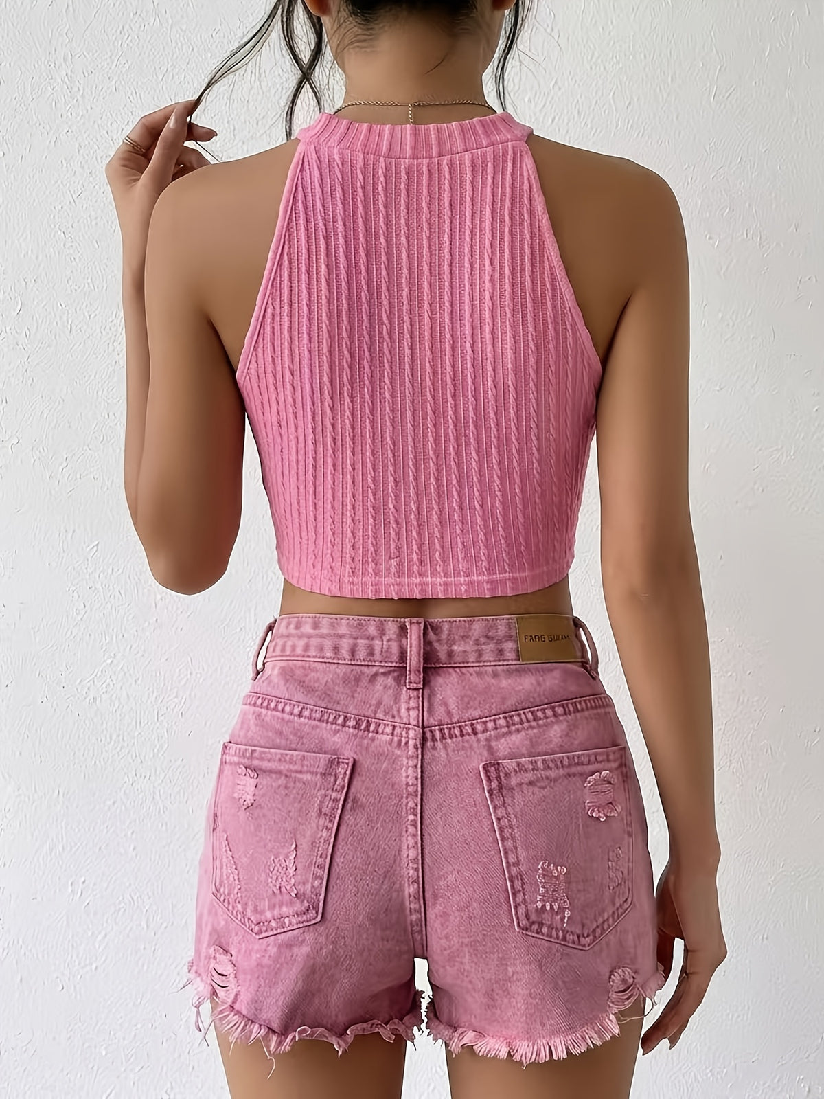 Women's Sexy Summer Cropped Sleeveless Top with Elegant Fringe Details - Slim-Fit Stretch Round Neck Casual Chic Outing Shirt, Cute Tops for Summer, Festive Outfit Choice, Nontransparent Material - Pink