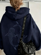 European and American Vintage Minimalist Artistic Style Top, Whale Shark Print Pattern Hooded 1pc Women's Sweatshirt, Loose Autumn/Winter Pullover Top, Relaxed Oversized Fit, Street Hip-Hop Style, with Kangaroo Pocket, No Drawstring - Navy Color