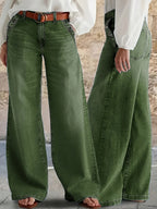 2558# New Women'S Olive Green Multi-Button Washed Loose Wide-Leg Casual Jeans - Olive Green