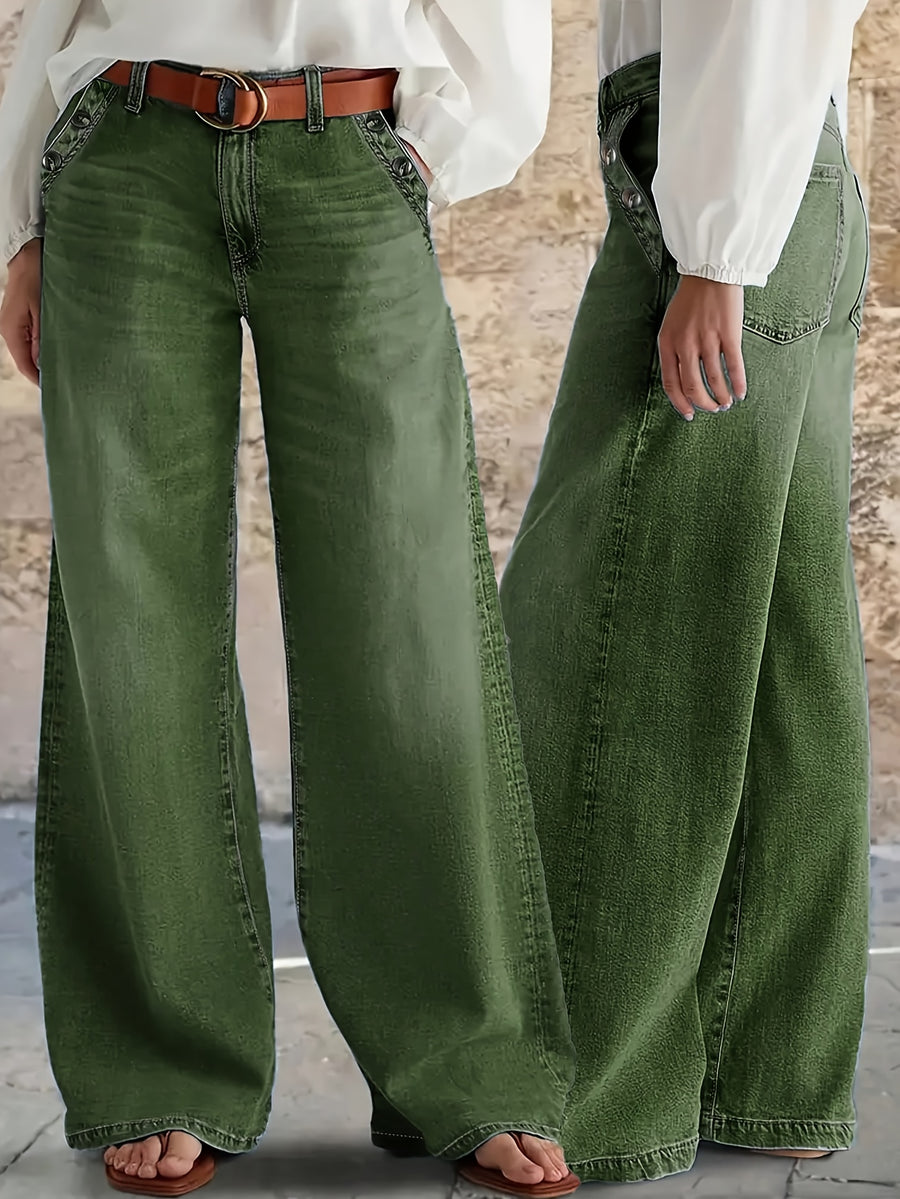 2558# New Women'S Olive Green Multi-Button Washed Loose Wide-Leg Casual Jeans - Olive Green