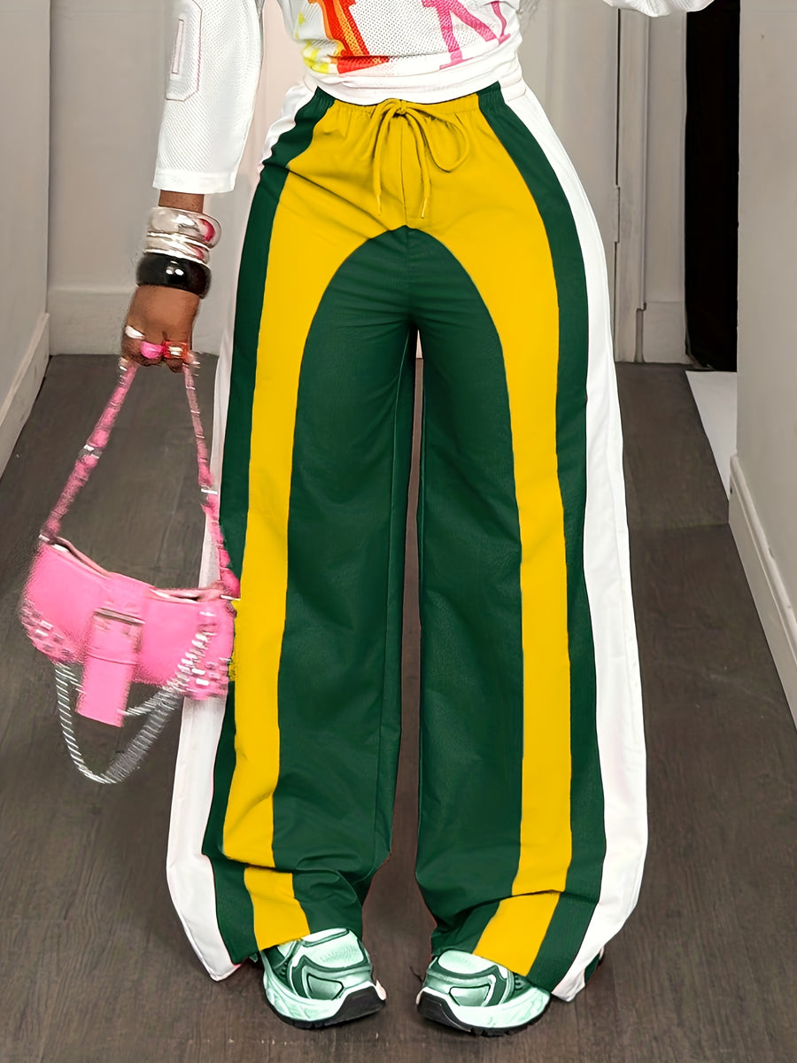 Wide- Loose-Fit Pants with Elastic Drawstring Waist & Full-Length - Wide- Trousers Suitable for Outdoor, Casual Wear - - Color Trousers (No Stretch Fabric) - Multicolor