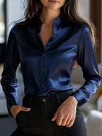 Elegant Special Edition Women'S Satin Blouse - Long Sleeve Shirt, Classic Collar, Medium Stretch And Machine Washable, Suitable for Office, Commute, Or Formal Events, Office Wear, Exquisite Casual, Smooth Texture - Navy Color