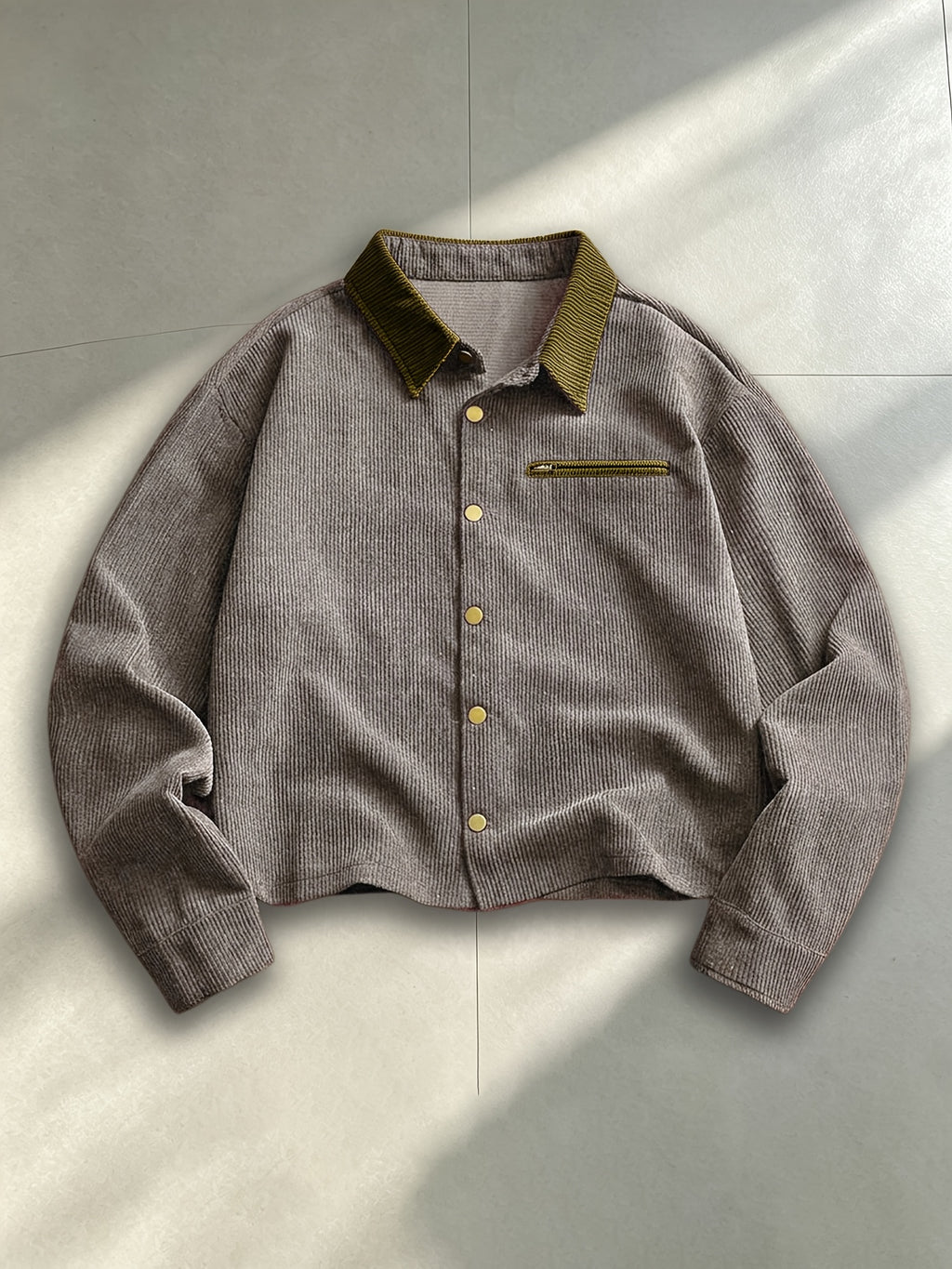 Men'S Corduroy Jacket, Autumn Winter Style Retro Workwear Trendy Versatile Coat, Casual All-Match Lapel Top, Solid Color Long Sleeve Jacket Men'S Clothing - Grey
