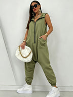 SEPCHIR Women's Sleeveless Half-Zip Hooded Romper - Solid Color Oversized Jumpsuit with Cuffed Hem & Zipper Front, Loose Fit Spring/Summer Outfits Suitable for Daily Wear, Shopping, Weekend Outings, Machine Washable - Olive