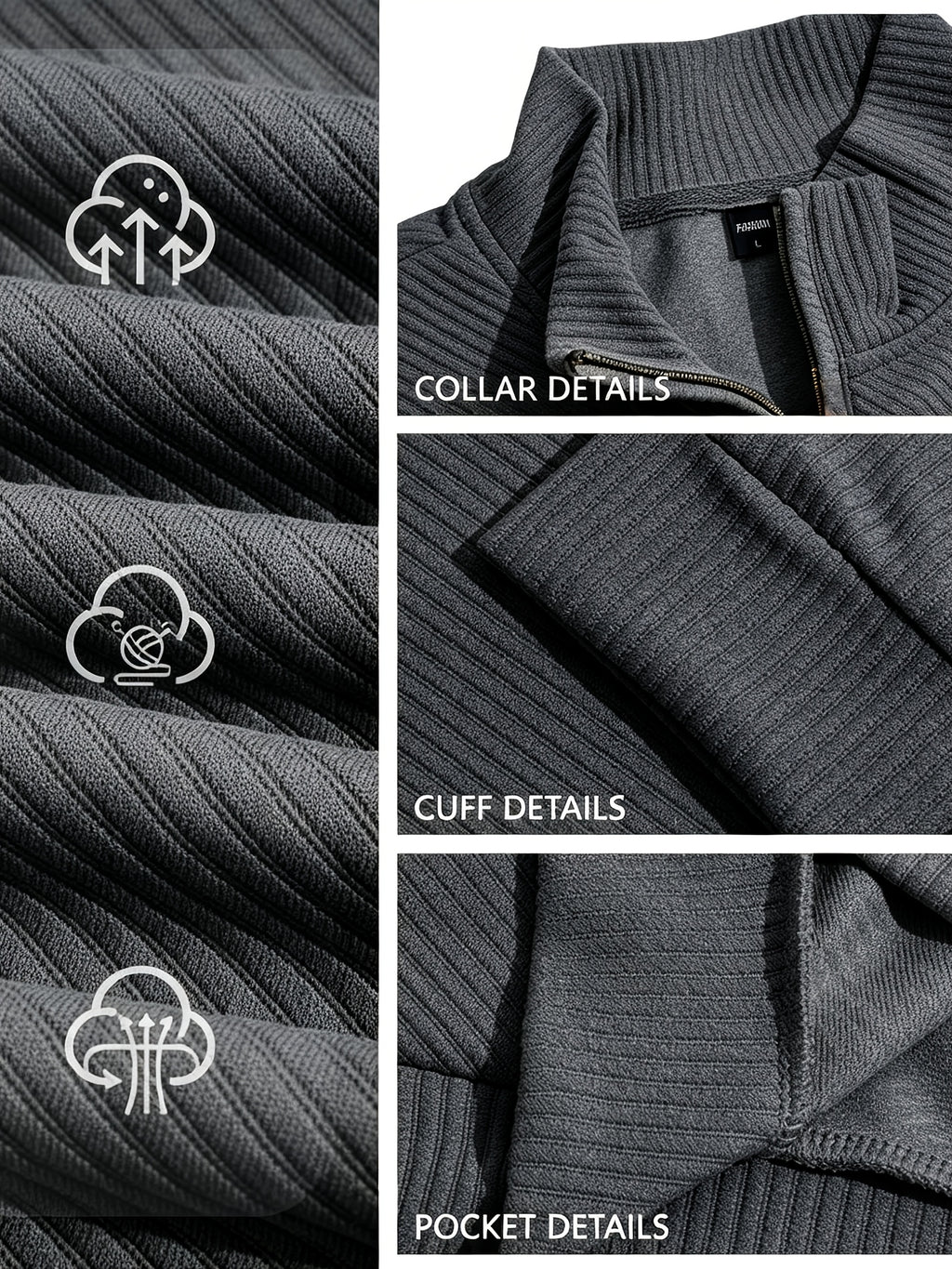 BOWZ Men's Casual Top, Solid Color Stand Collar Sweatshirt, Half-Zip Design, Warm Knit Henley Shirt, Skin-Friendly and Sweat-Absorbent, Simple, Casual, Fashionable, and Versatile, Men's Autumn/Winter Long-Sleeve Top, Suitable for Daily Leisure - Dark Gray