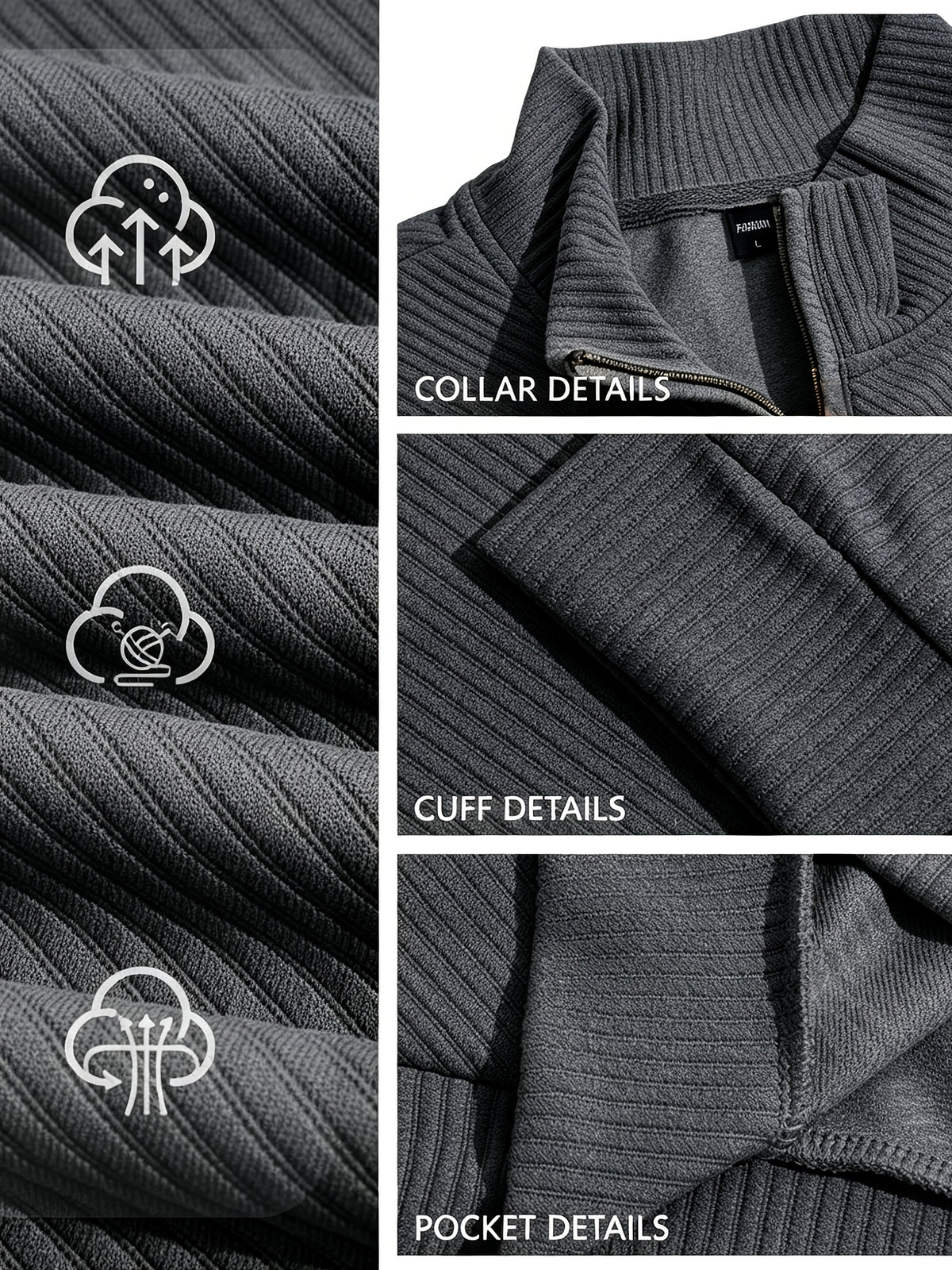 BOWZ Men's Casual Top, Solid Color Stand Collar Sweatshirt, Half-Zip Design, Warm Knit Henley Shirt, Skin-Friendly and Sweat-Absorbent, Simple, Casual, Fashionable, and Versatile, Men's Autumn/Winter Long-Sleeve Top, Suitable for Daily Leisure - Dark Gray