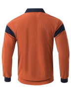 Men's Color-Block Spliced Long-Sleeve Polo Shirt Two-pc, Vertical Stripe Texture, Letter Print Lapel Top, Spring/Autumn Business Casual Versatile 2pcs Men's Sweatshirt Set - Tangerine+Navy Blue
