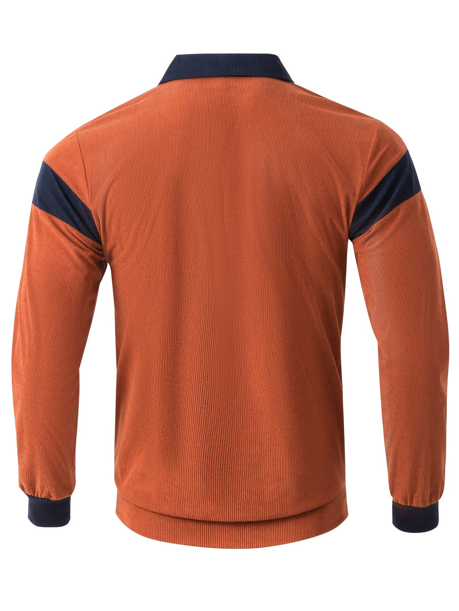 Men's Color-Block Spliced Long-Sleeve Polo Shirt Two-pc, Vertical Stripe Texture, Letter Print Lapel Top, Spring/Autumn Business Casual Versatile 2pcs Men's Sweatshirt Set - Tangerine+Navy Blue