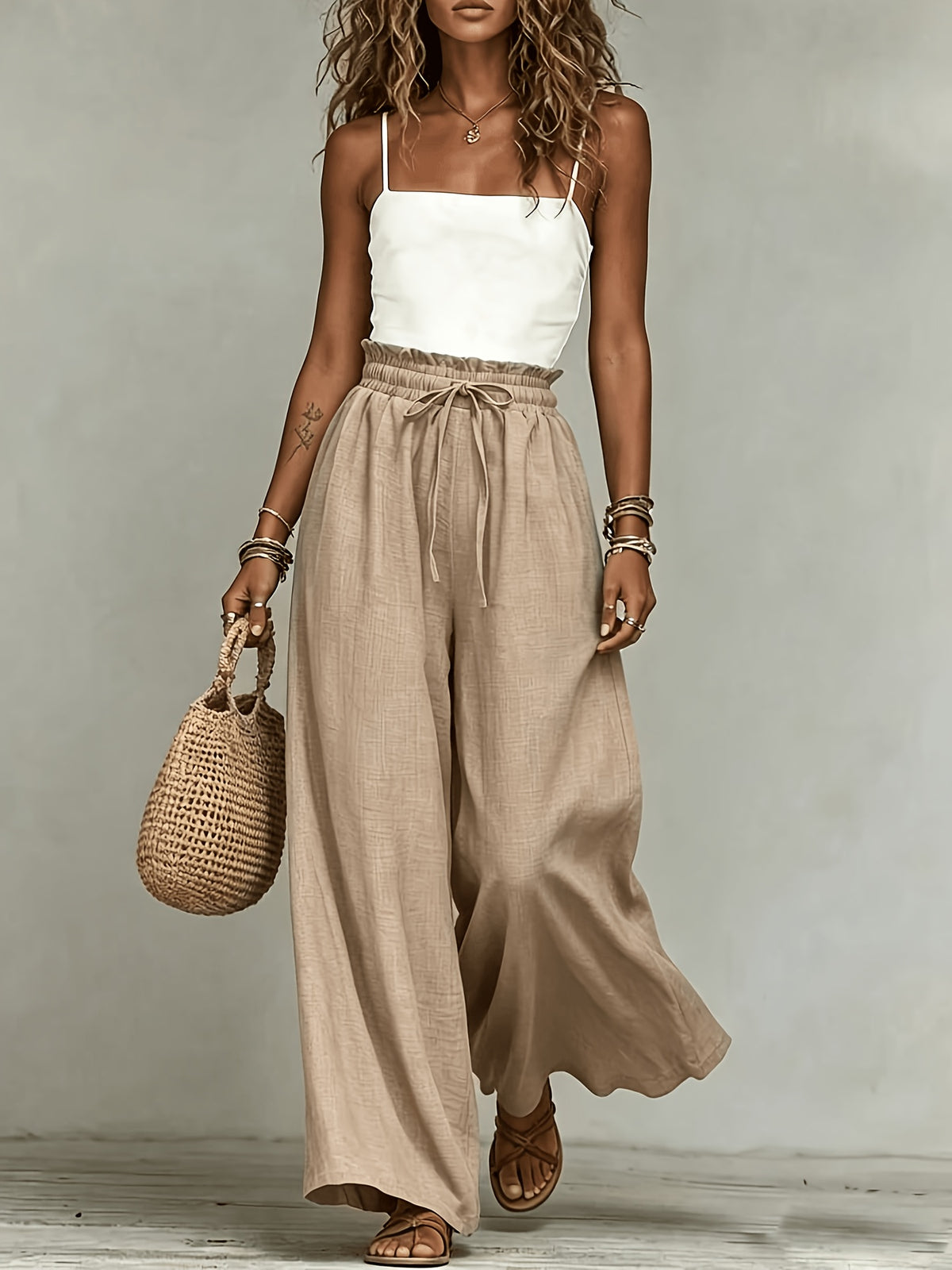 Boho Vacation Holiday French Wide Leg Pants,High Waist Drawstring Elastic Loose Fit Casual Trousers Beach Commute Slim Fit - Khaki