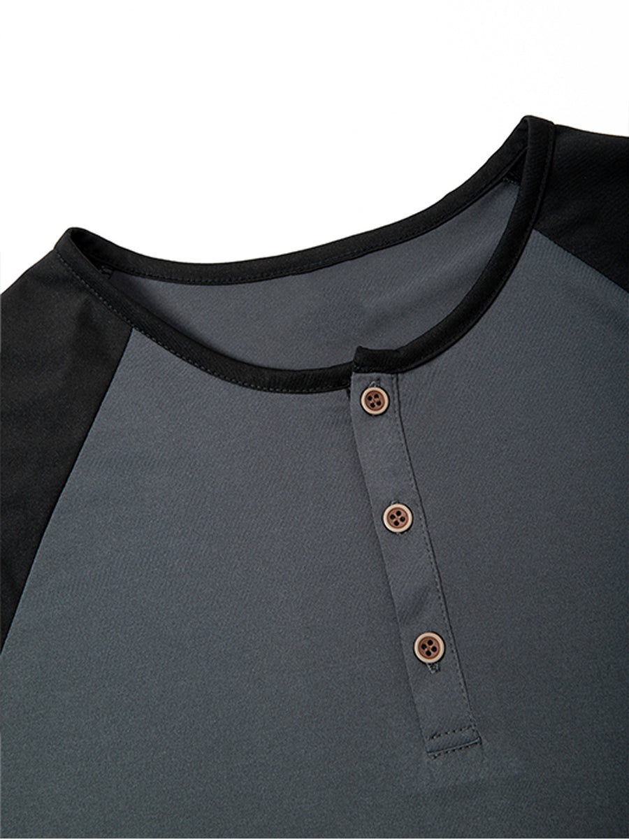 1 Men's Summer V-Neck Casual T-Shirt, Breathable and Lightweight Street Fashion Short-Sleeve Top, Daily Office Business Contrast Color Design Henley Shirt with Button- Collar, Suitable for Outings, Home, Work, Travel, Cycling, and Streetwear - Dark Gray