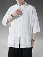 Spring Summer Men'S Top New Linen Short Sleeve Shirt Chinese Style Traditional Ancient Style, Button-Up Loose Casual Fashion Temperament High-End Men'S Comfortable Skin-Friendly Business Easy Style Fabric with Texture - White