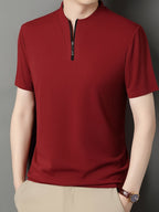 SaXing OBM New Spring/Summer Men's Polo Shirt, Solid Color Textured Ribbed Cable Knit Half-Placket Zipper Style Stand Collar Short Sleeve T-Shirt, Men's Business Casual Fashionable Breathable Versatile Henley Knit Pullover Base Layer Top - Brick Red