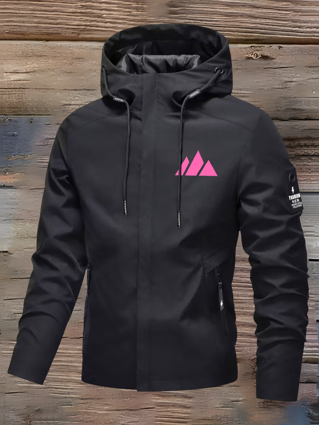 Women's Lightweight Travel Jacket, Casual Dating Comfortable Outerwear, Outdoor Hooded Daily Commute Jacket, New Mountain Climbing Printed Drawstring Fashionable Style - Black
