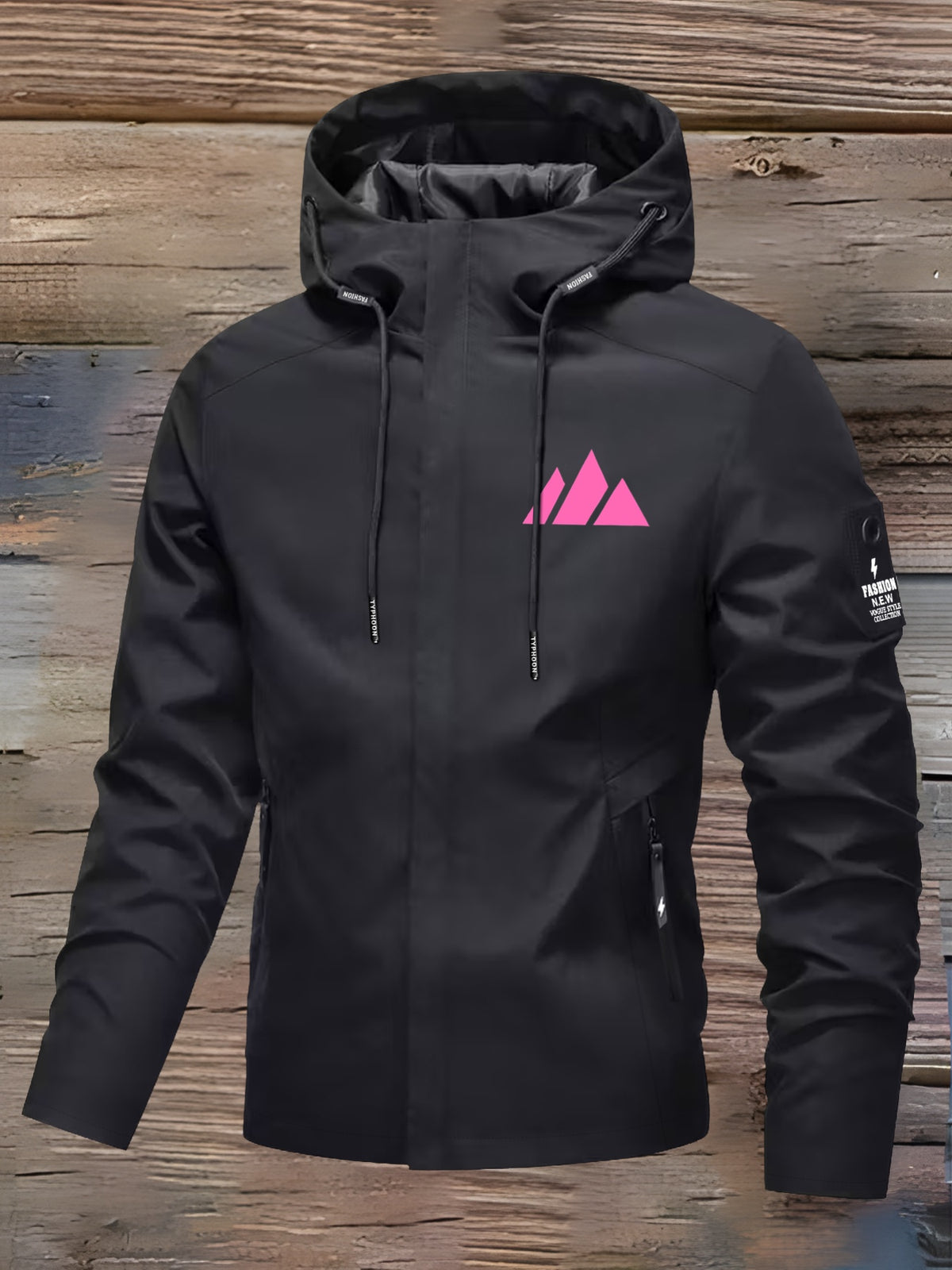 Women's Lightweight Travel Jacket, Casual Dating Comfortable Outerwear, Outdoor Hooded Daily Commute Jacket, New Mountain Climbing Printed Drawstring Fashionable Style - Black