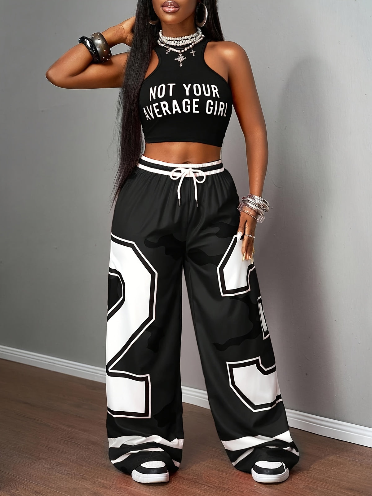 Women's Casual 2pcs Set, Summer Commuter Street Style Outfit, Low-Waist Cropped Color-Block Printed T-Shirt with Letter Print Pattern, Digital Printing Process, High-Waist Elastic Drawstring Pocket Wide-Leg Pants for a Perfect Gift for Family - Black