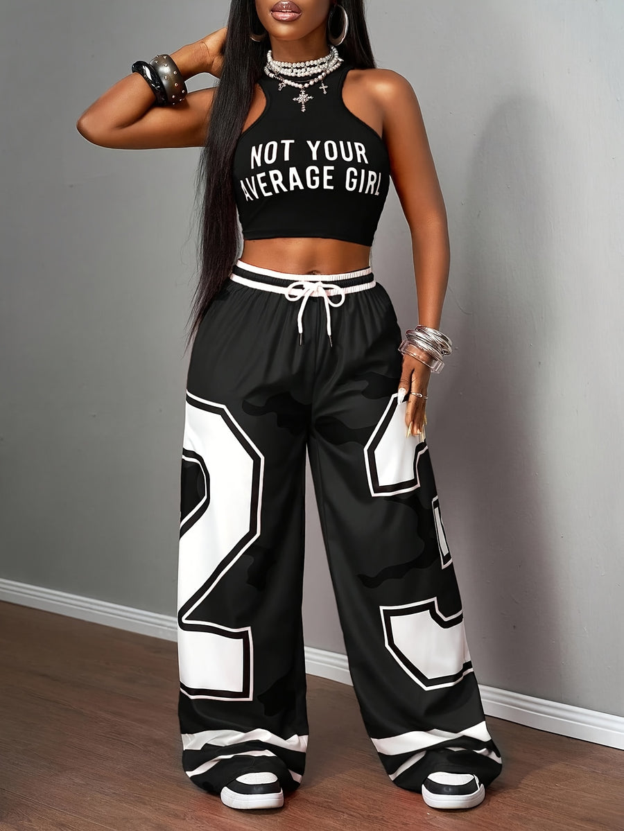 Women's Casual 2pcs Set, Summer Commuter Street Style Outfit, Low-Waist Cropped Color-Block Printed T-Shirt with Letter Print Pattern, Digital Printing Process, High-Waist Elastic Drawstring Pocket Wide-Leg Pants for a Perfect Gift for Family - Black