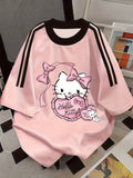 Sanrio Hello Kitty Women's Vintage T-Shirt - Pink Hello Kitty Face & Iconic Logo Print, Contrast Stripe Round Neck Short Sleeve Blouse, Loose Fit Summer Casual Top for Hello Kitty Fans - Pink