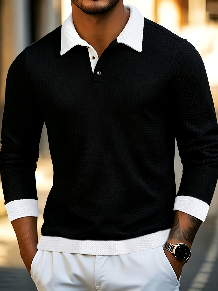 Men's Autumn Color-Block Lapel Long-Sleeve Polo Shirt with Contrasting White Collar. The Slim-fit, Clean-cut Design Flatters the Figure Without Being Tight or Bulky. Featuring a Simple, Light-luxury Business-casual Style, It's Effortlessly Versatile - Black