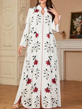 Middle Eastern Special Women's Floral Print Long Sleeve Simple Casual Long Arab Kaftan, Elegant Turkish Robe - White