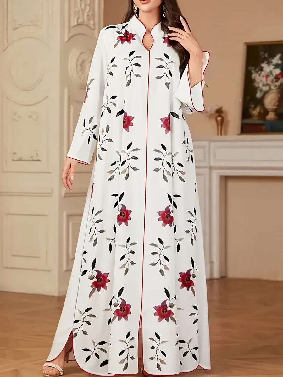 Middle Eastern Special Women's Floral Print Long Sleeve Simple Casual Long Arab Kaftan, Elegant Turkish Robe - White