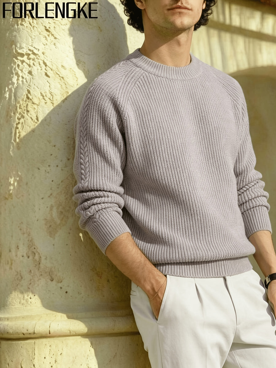 FORLENGKE Men'S Crew Neck Knitted Pullover with Vertical Cable Texture, Perfect for Solo Wear in Autumn And Winter to Show Texture Or Layered for a Stylish Look, Suitable for Shopping, Going Out, Parties, And Various Daily Occasions - Light Purple