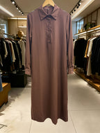 Autumn Casual Solid Color Lazy Style Long Sleeve Shirt Dress for Women, Double Pocket Design, Loose Fit with Side Slit Long Dress, Adds a Touch of Vintage Charm, Moderately Thick, Breathable, Skin-Friendly, and Soft Fabric, Versatile Style - Dark Brown