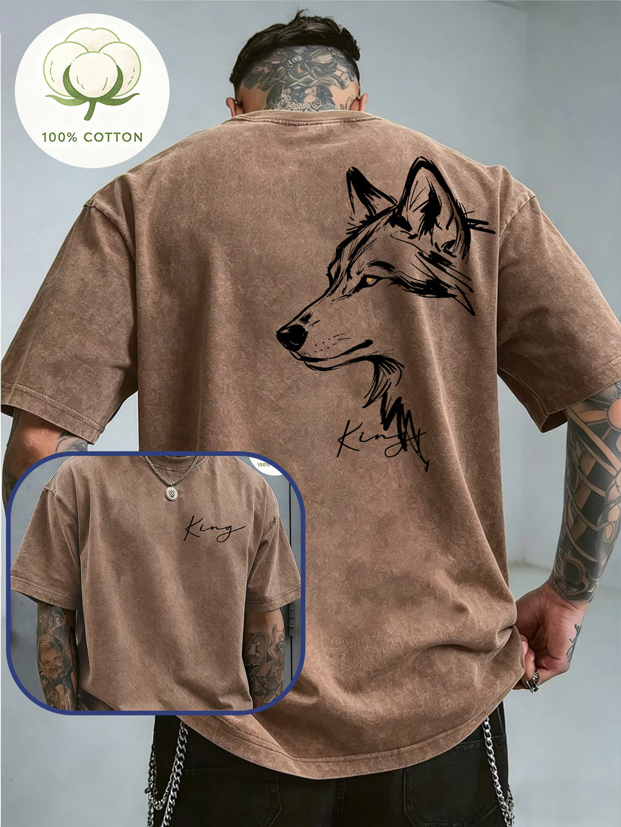 Men'S 100% Washed, Wolf King Print Pattern Retro Round Neck T-Shirt, Casual All-Match Loose Summer Short Sleeve T-Shirt, Daily Wear - Coffee Color