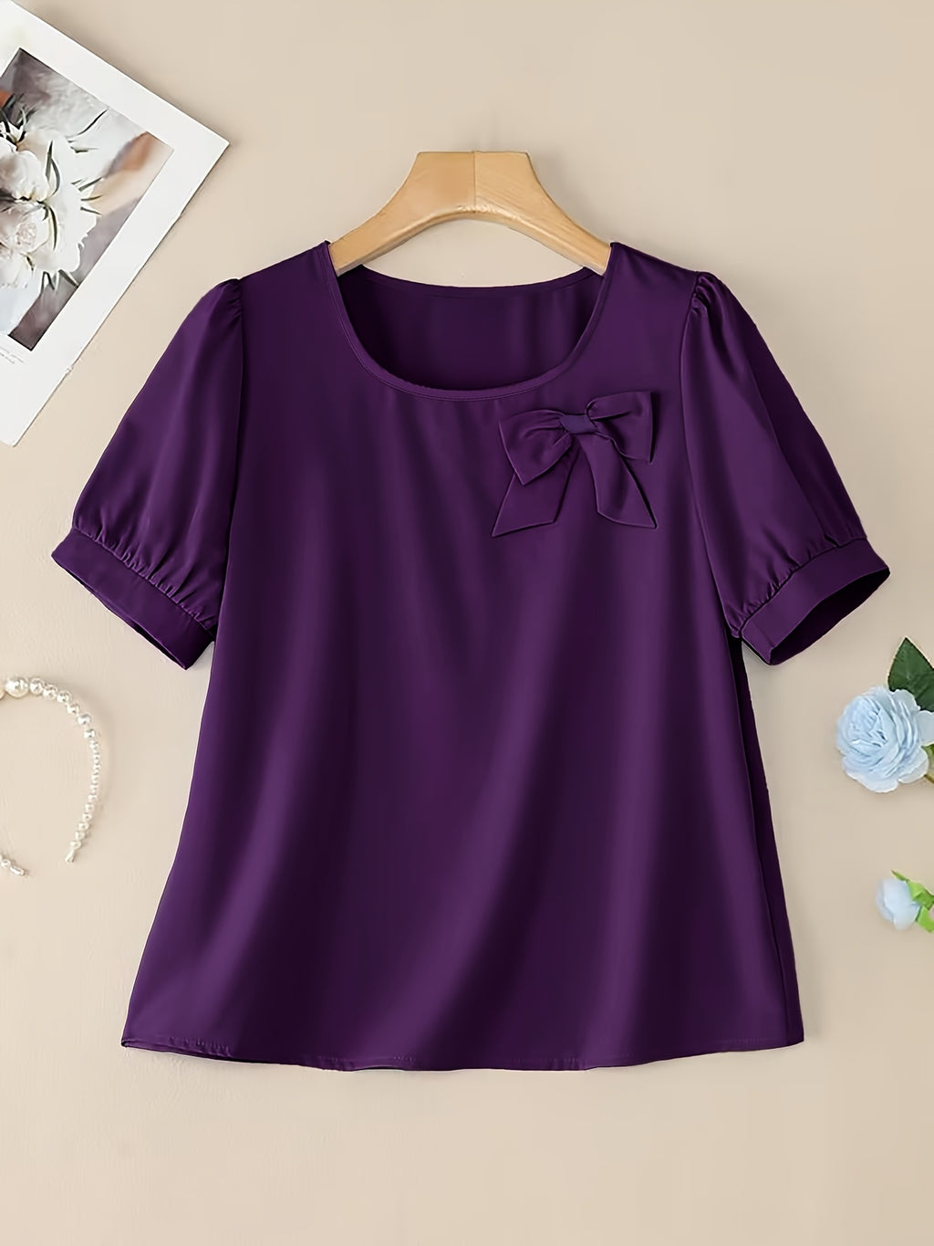 Elegant Casual Square Neck Short Sleeve Shirt with Bow and Puff Sleeves, Solid Color Top - Deep Purple