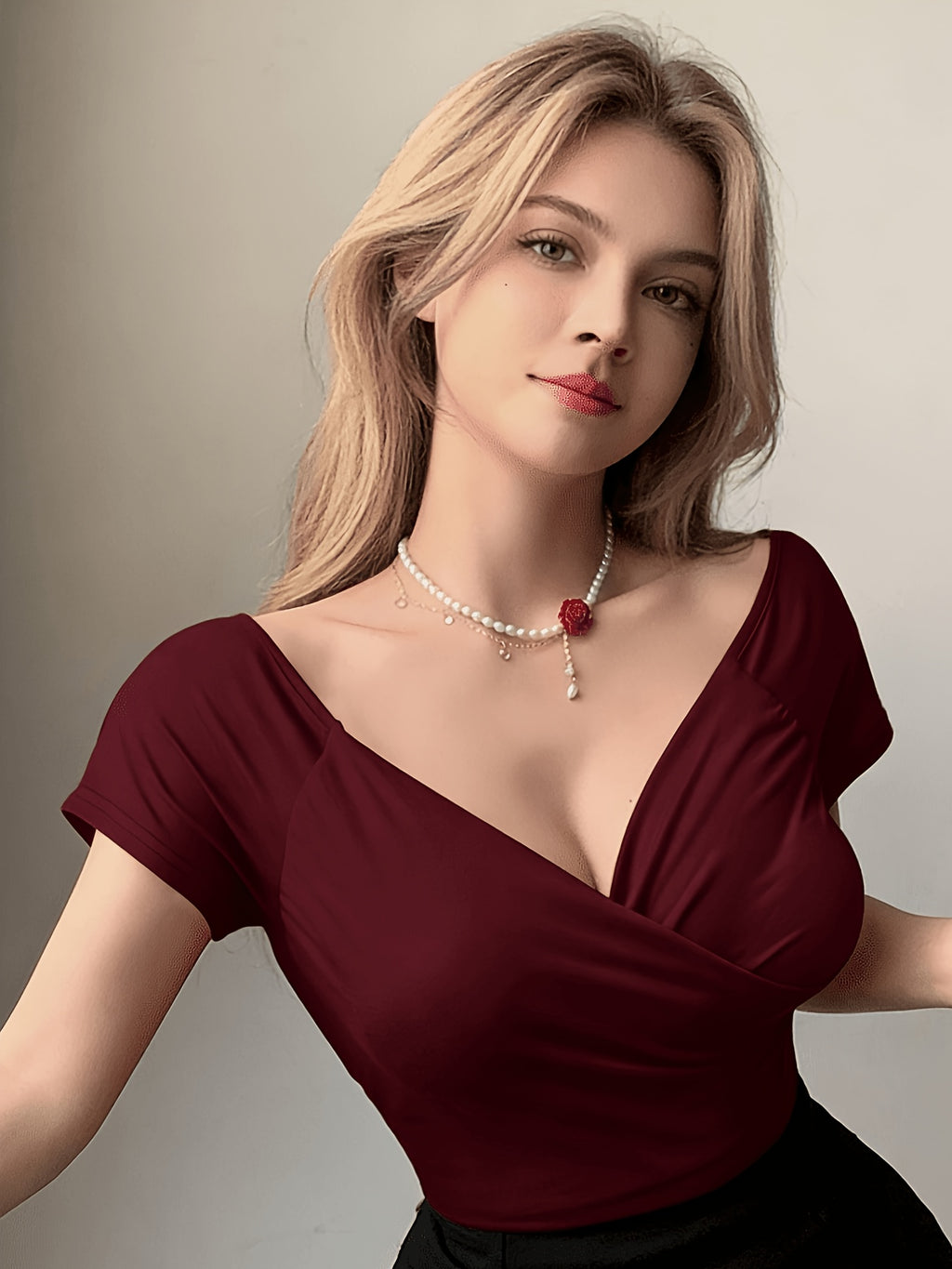 Front Deep V-crisscross Wrap, Back Off-the-shoulder Sleeveless Fitted Short-sleeve T-shirt - Burgundy
