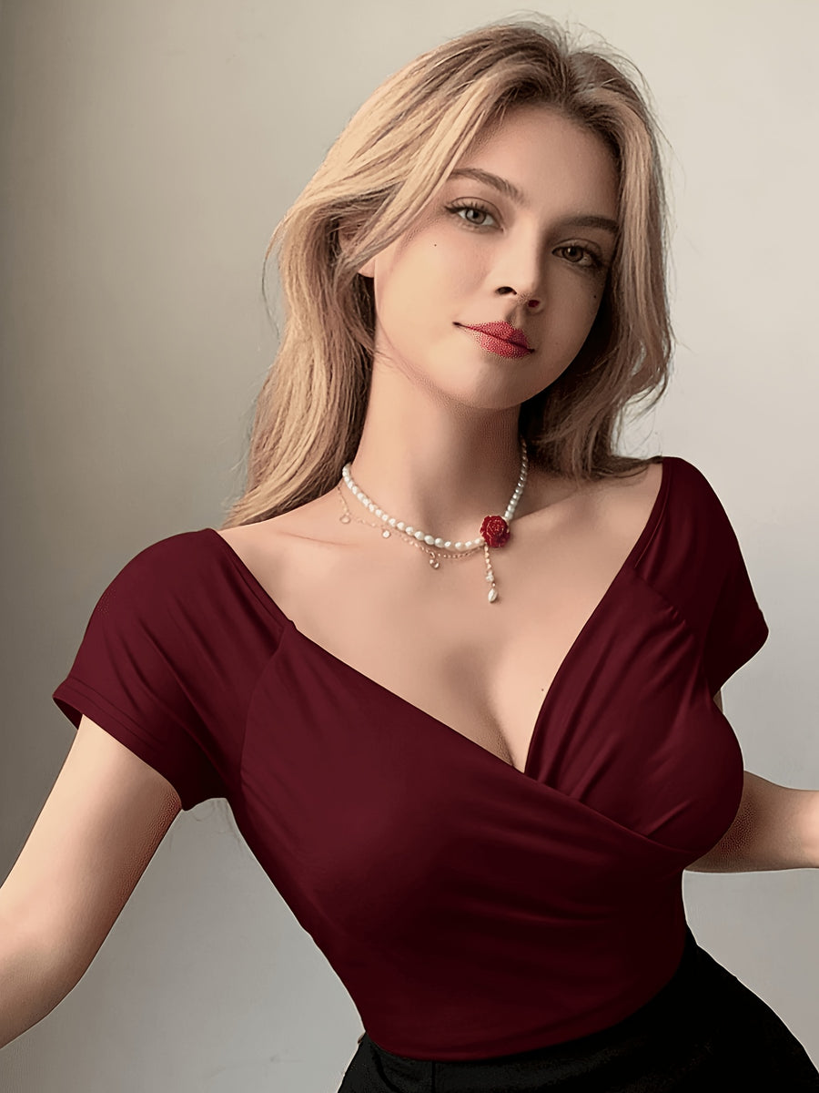 Front Deep V-crisscross Wrap, Back Off-the-shoulder Sleeveless Fitted Short-sleeve T-shirt - Burgundy