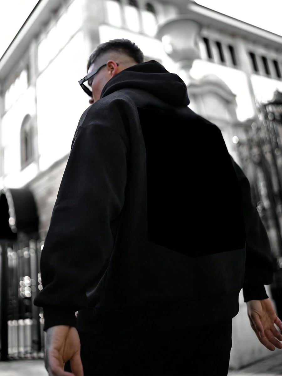 American Heavyweight Hooded Sweatshirt Men'S Black White Gray Solid Loose Drop Shoulder Hoodie 2pcs Set Trendy Casual Streetwear - Black+Light White