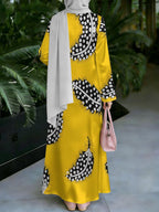 Women'S Hot Middle Eastern Style Muslim Elegant Robe, Bright Yellow Individual Polka Dot Printed Robe, Loose Straight Long Sleeve Cut, Holiday Prayer Shopping Wear, Flowing Comfortable Non- Craft - Mixed colors