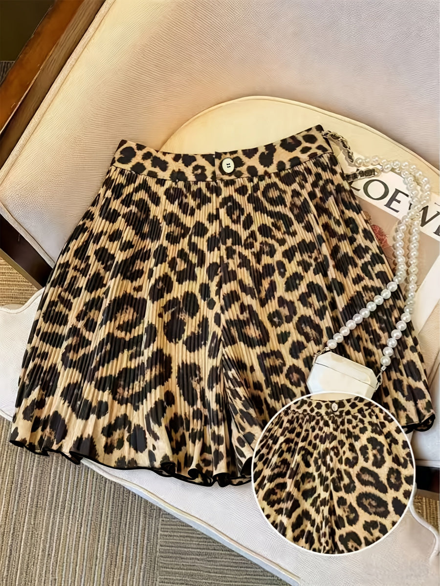 Summer Retro Leopard Print Pleated Wide-Leg Shorts Women High-Waisted Versatile Casual A-Line Pleated Hot Pants YYTT - Leopard Print