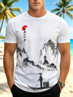 Men's Digital Print T-Shirt - Ink Wash Landscape Style Tee with a Print Combining Figures and Natural Scenery Accompanied by Text, Comfortable and Casual Crew Neck Short Sleeve, Simple and Versatile Men's T-Shirt - Mixed colors