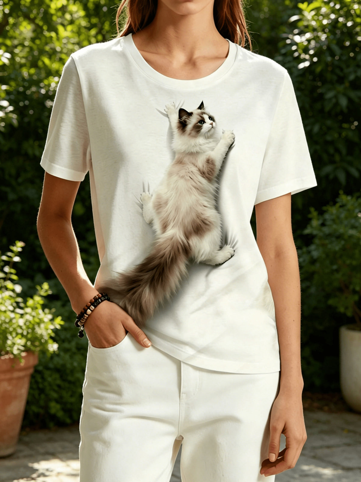 Women'S Summer New Arrival Cute Ragdoll Cat Print Crew Neck Short Sleeve T-Shirt, Casual Loose Fit, Comfortable And Durable, Machine Washable, Versatile for Daily, Sports, And Vacation Wear - Multicolor