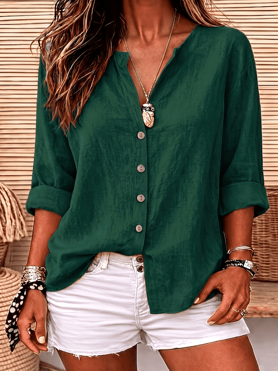 Women'S Solid Color V-Neck Long-Sleeved Shirt, Loose And Single-Breasted Casual Daily Vacation Top - Dark Green